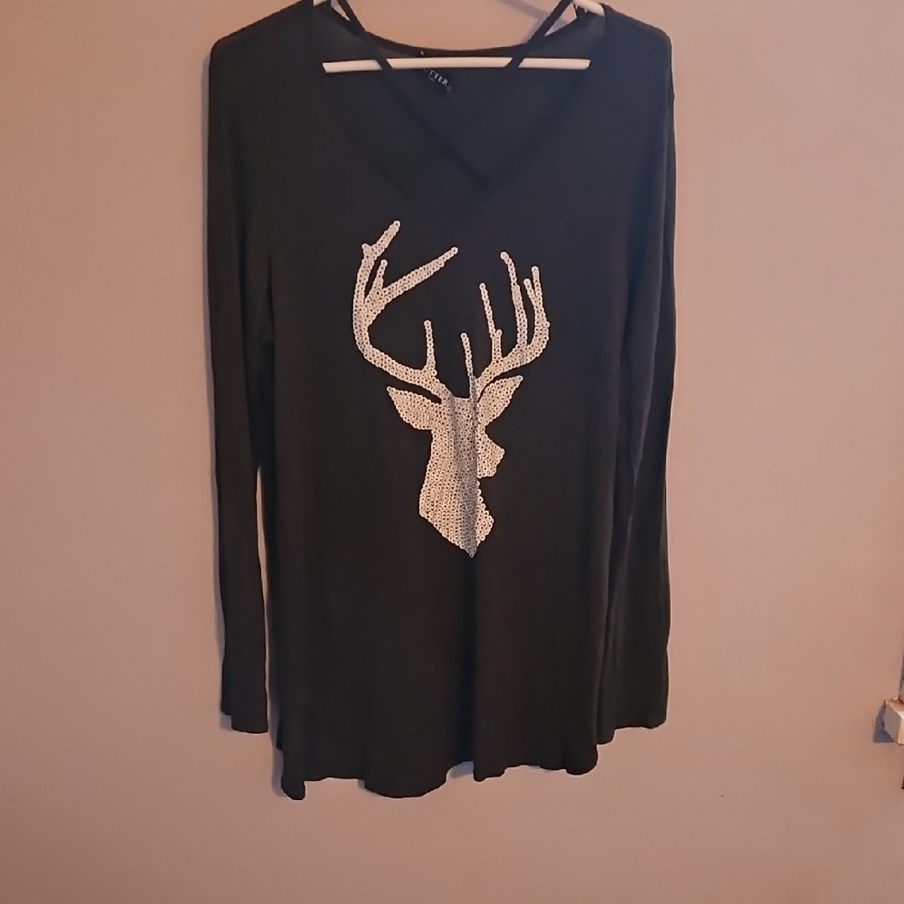 Elegant Black Long Sleeve Top with Deer Motif